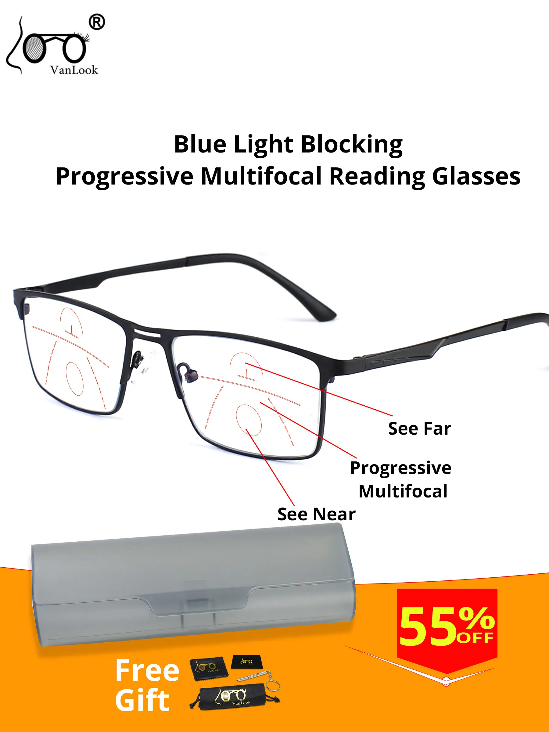 Multifocal Progressive Reading Glasses Men & Women Blue Light Blocking Computer Glasses Sport Square Frame Anti-Glare with Case
