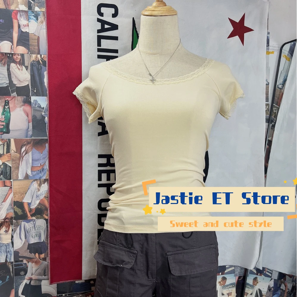 Amerikaanse Stijl Zwart Polka Dot Kant Korte Mouw T-shirt Vrouwen Sexy Slash Hals Slanke Retro Crop Top Katoenmix Korte Tees Shirt