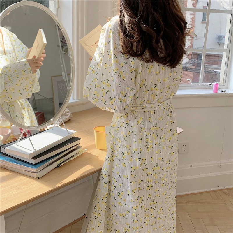 Lovely Autumn Cotton Long Kimono Pajamas Women V-Neck Long Sleeve Lace Up Sleepwear Night Dress Floral Print Nightgown