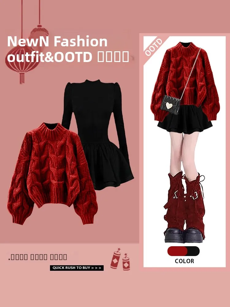 

Red Knitwear Women's Spring 2026 New Year's Celebration Loose Fit Slimming Dress Halved High Collar Lazy Style Year-End Greet...