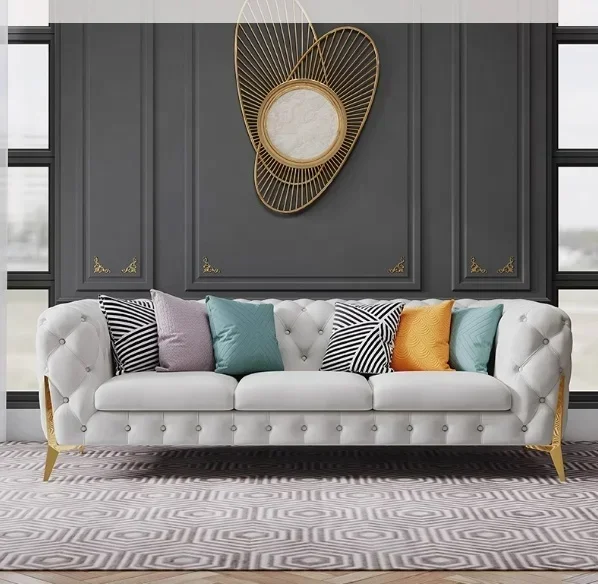 l #   Sofa-Set aus Leder und Samt mit goldenen Füßen für das Wohnzimmer