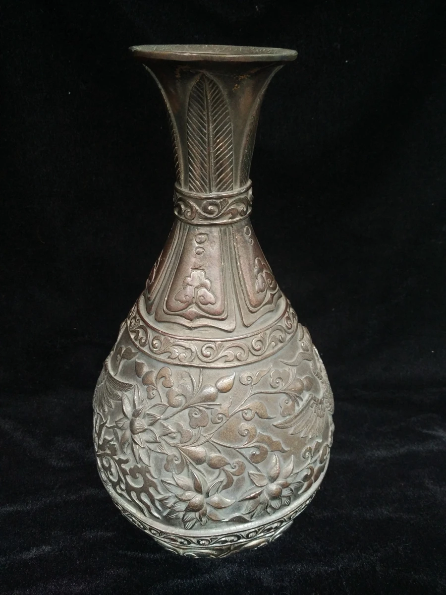 YIZHU CULTUER ART Size 11 Inch Mark China zhizheng year Bronze Carving Phoenix Flower Vase bottle Decoration
