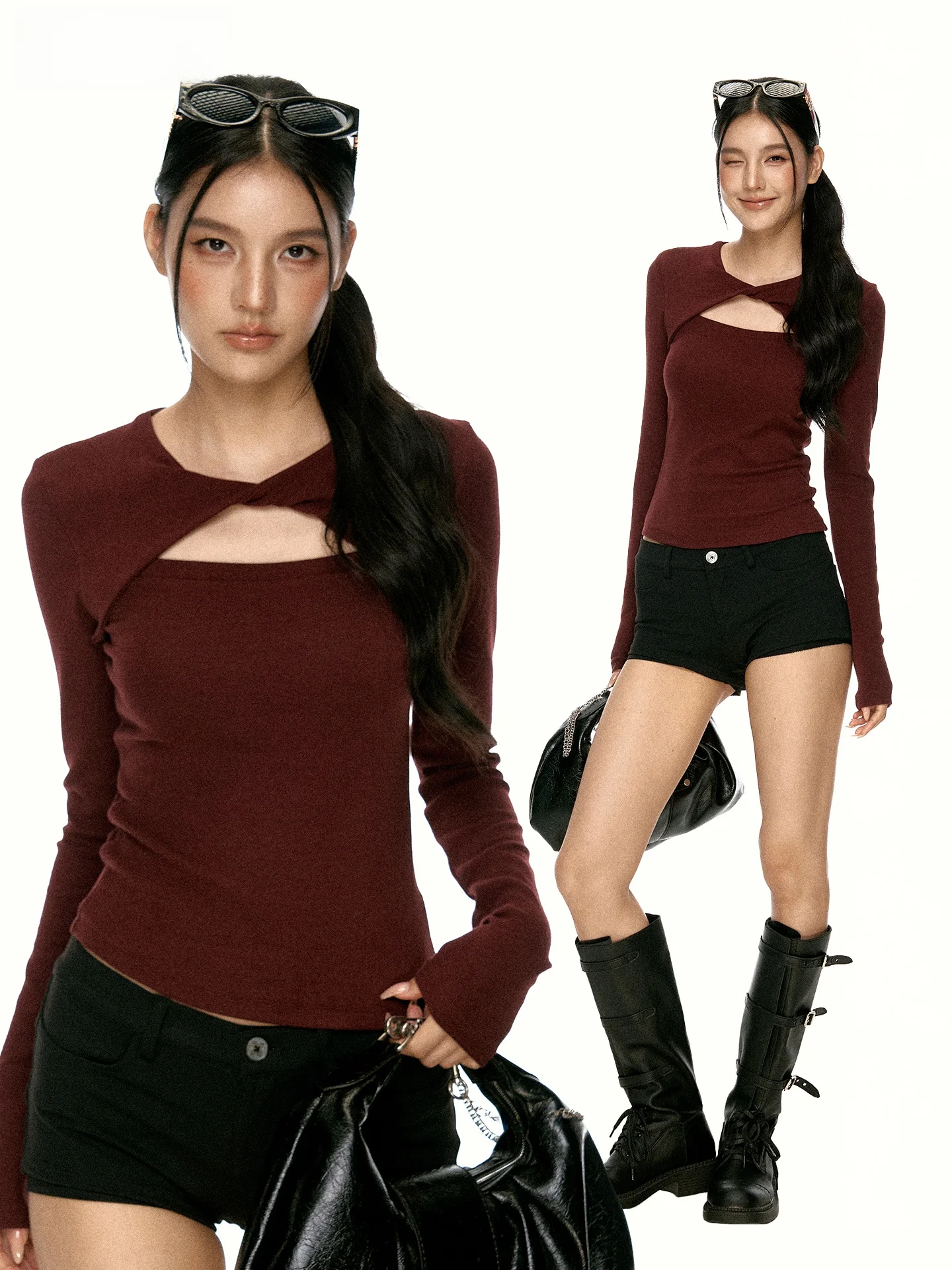 Red Wine Color Long Sleeve Hollow Knot T-Shirt Women's Initial Autumn High-End Slimming Base Layer Top Casual Style