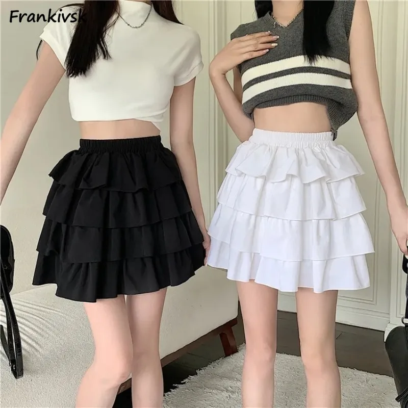 

High Waist Women Ruffles Skirts Ulzzang Solid Colors A-line Vintage Fashion Summer Schoolgirls Fairy Lolita Streetwear Harajuku