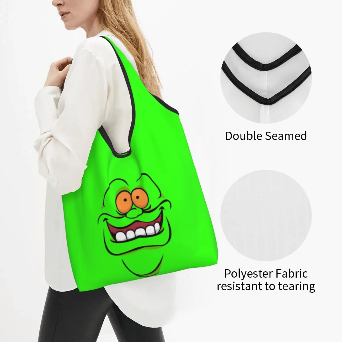 Kawaii Ghost Buster Slimer Time Shopping Tote Bag Portable Supernatural Comedy Film Groceries Shoulder Shopper Bag