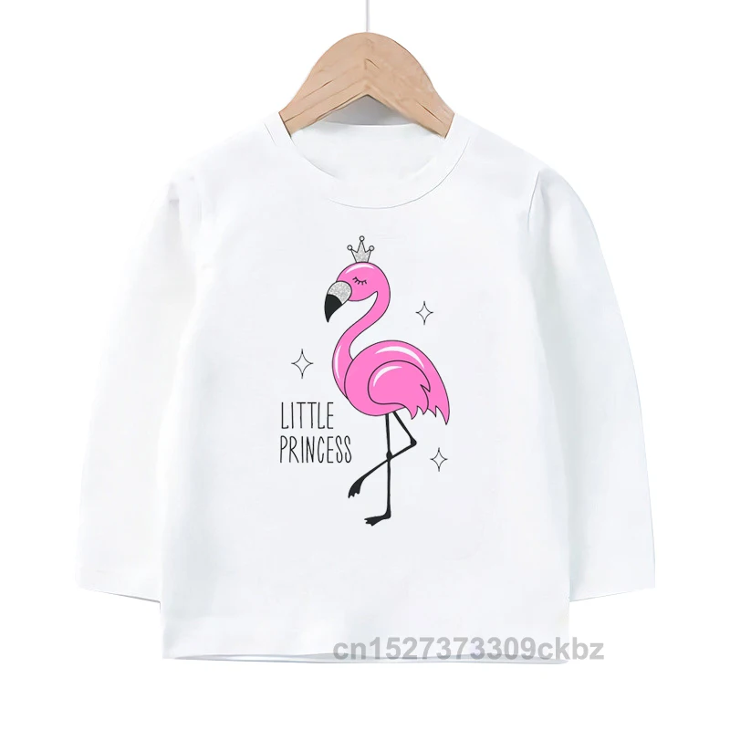 

Kids Cartoon Pink Flamingo Graphic Print Long Sleeve T Shirt Children Spring And Autumn Clothes Girl Cute White Tops