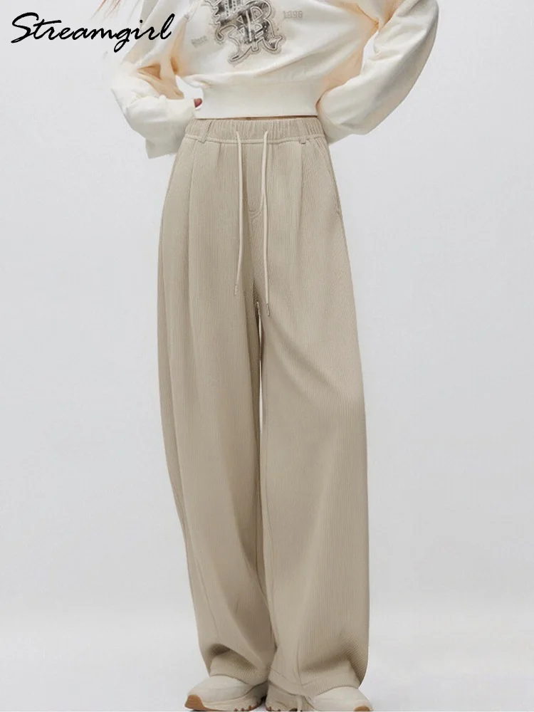 Streamgirl شتاء دافئ سروال قصير الصوف النساء أسود مستقيم السراويل الطويلة واسعة الساق الوردي سميكة المخملية السراويل النساء الشتاء #4