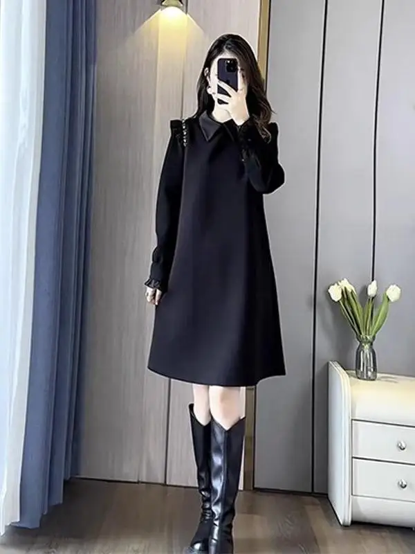 

plus Size Autumn Winter Collar A-Line Bla Dr Slimming Casual High Waist Long Sve Women's Dr Chinese Faion