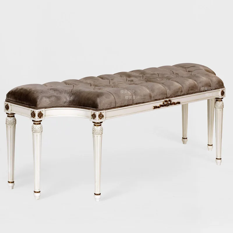 English mahogany gold-painted stool, neoclassical carved old bedroom bench, special-shaped fabric pull-up chair