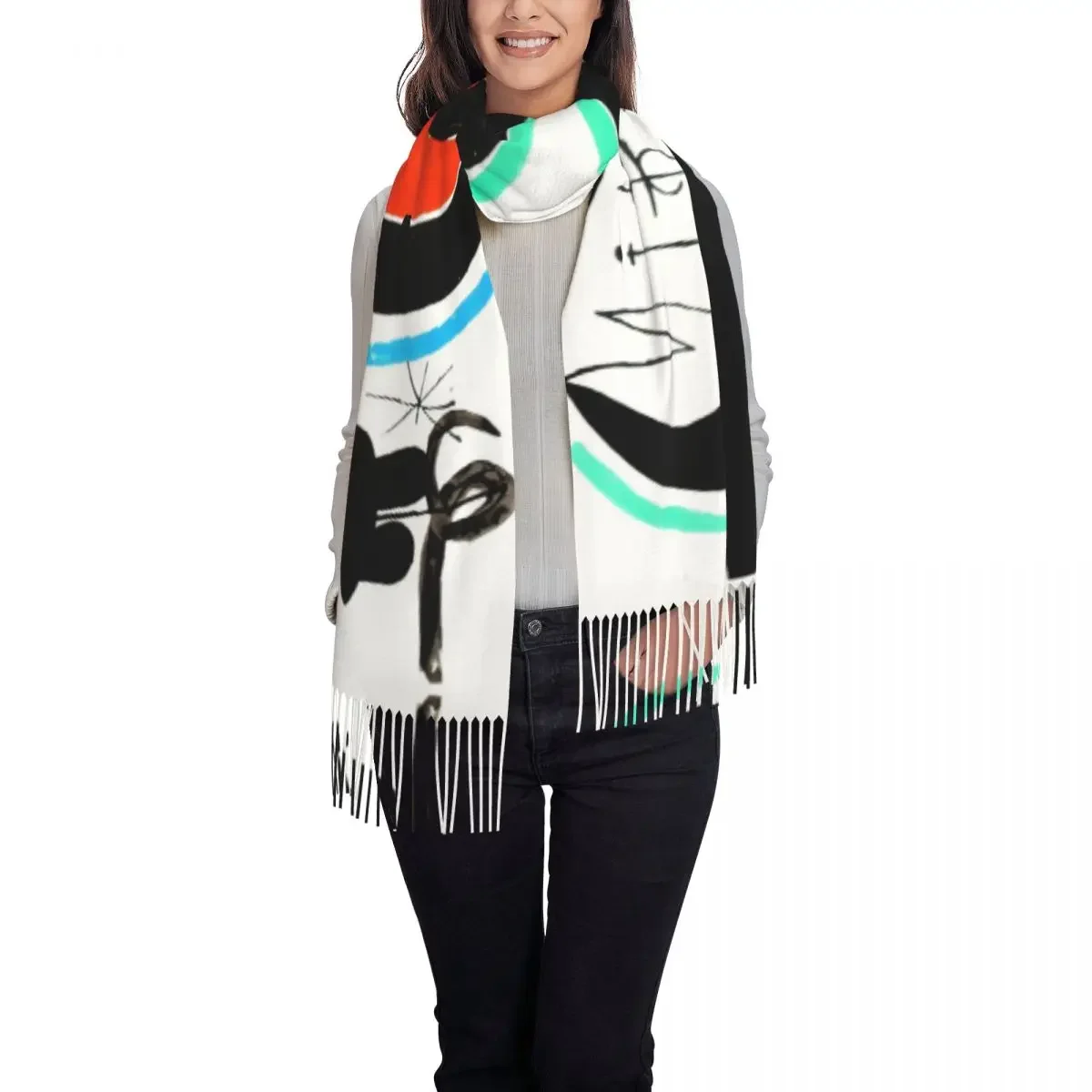 Joan Miro Abstract Art Scarf Wrap for Women Long Winter Fall Warm Tassel Shawl Unisex Surrealism Scarves