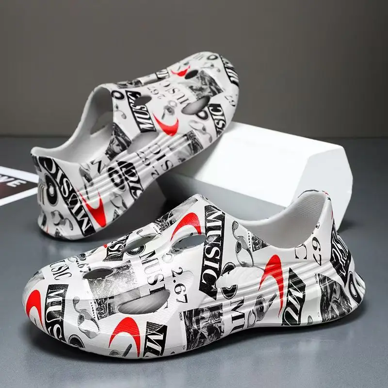 

Man's Summer Baotou Hollow Out Outdoor Beach Sandals Lovers Thick Sole Non Slip Waterproof Slip On Lightweight Print Wading Shoe