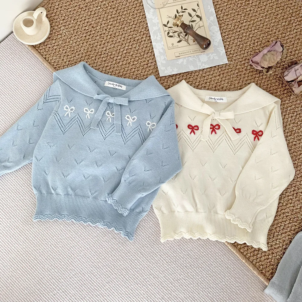 

New Spring Autumn Baby Girl Baby Sweet Navy Sttyle Handmade Bow Thin Knitted Hollow Out Pullover Top Princess Preppy Sweaters