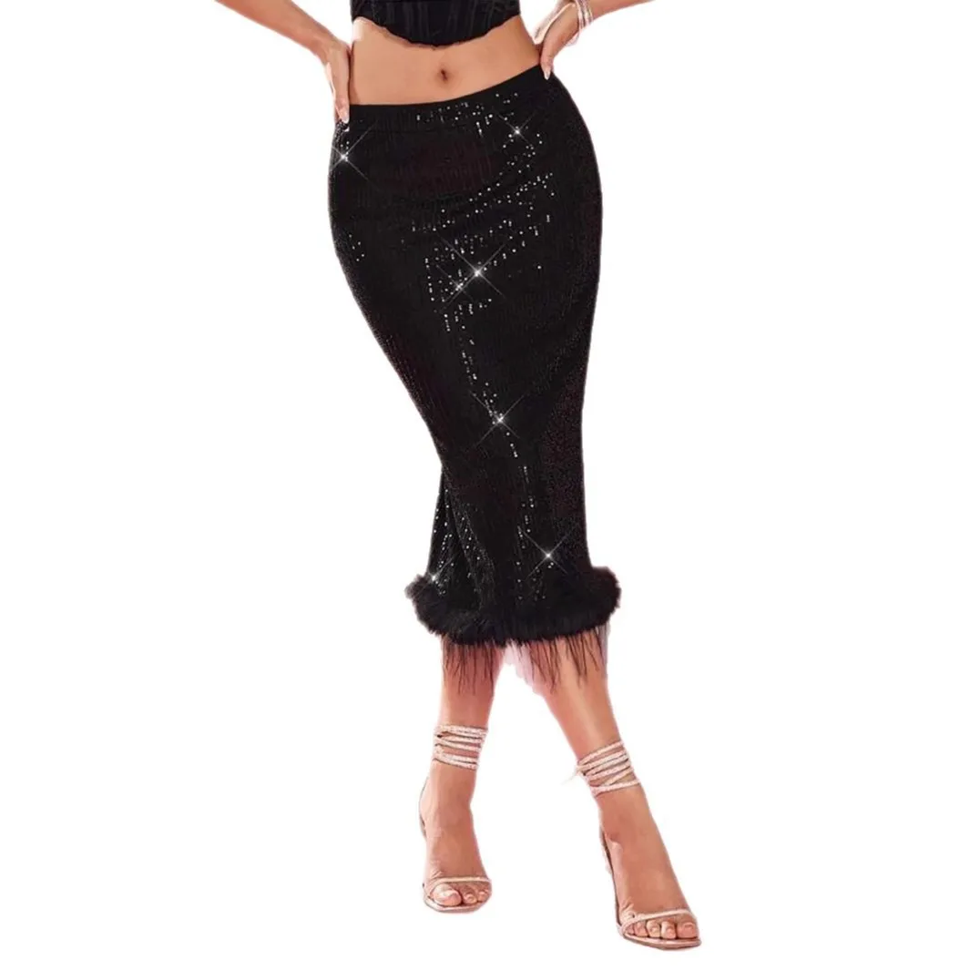 

European and American Women's Clothing Sequin Patchwork Faux Fur Slim-fit Slit Skirt,High-waisted and Sexy Bodycon Skirt