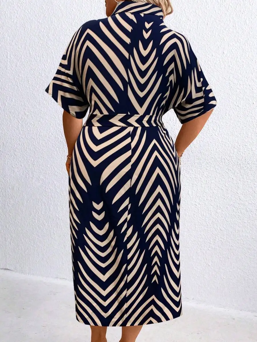 

Chevron Print Batwing Sleeve Belted Shirt Dress For Women Summer
