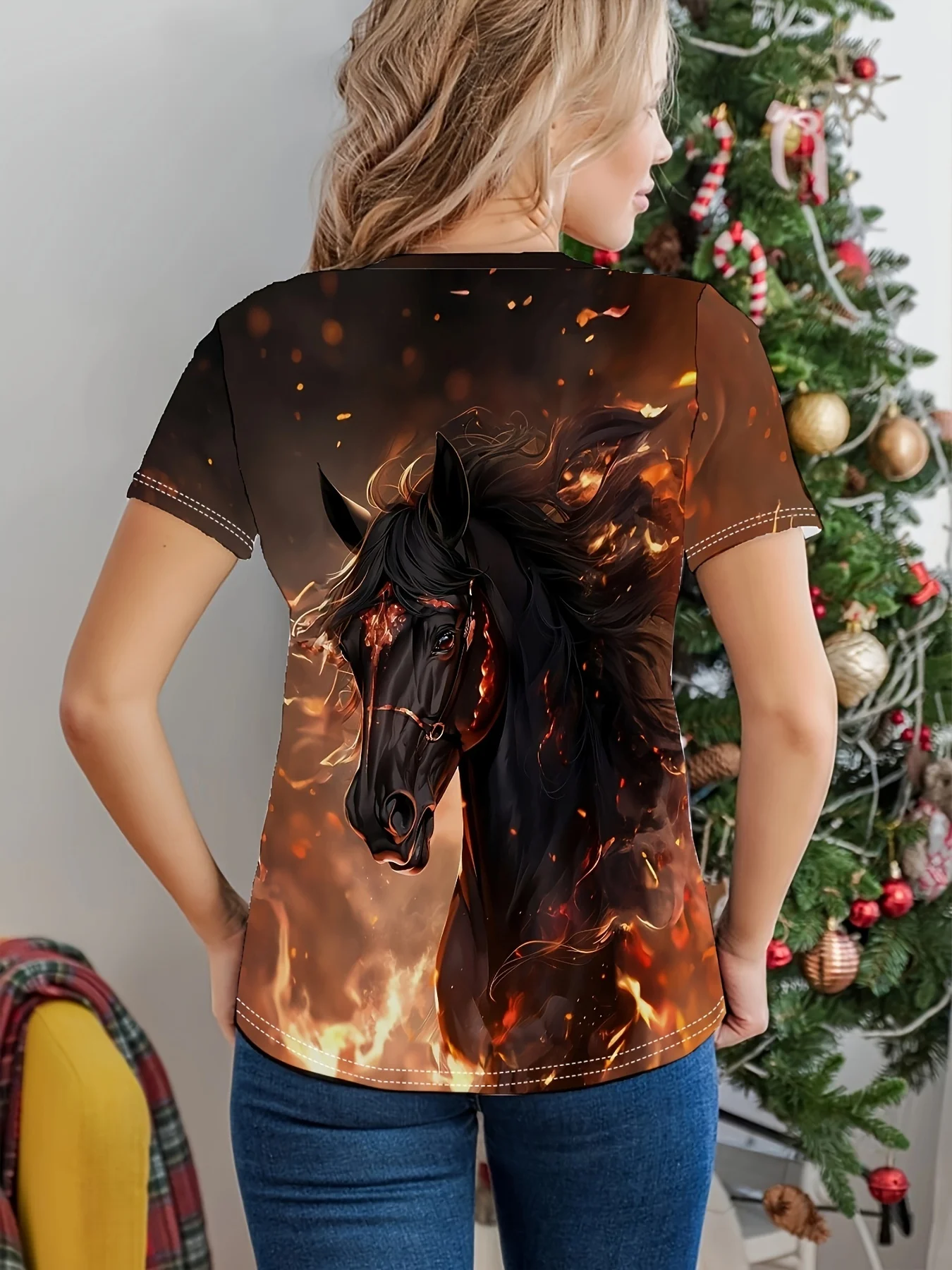 Women's Tee - Fiery Black Horse Graphic, Bold Flame Animal Design for Casual Daily Wear