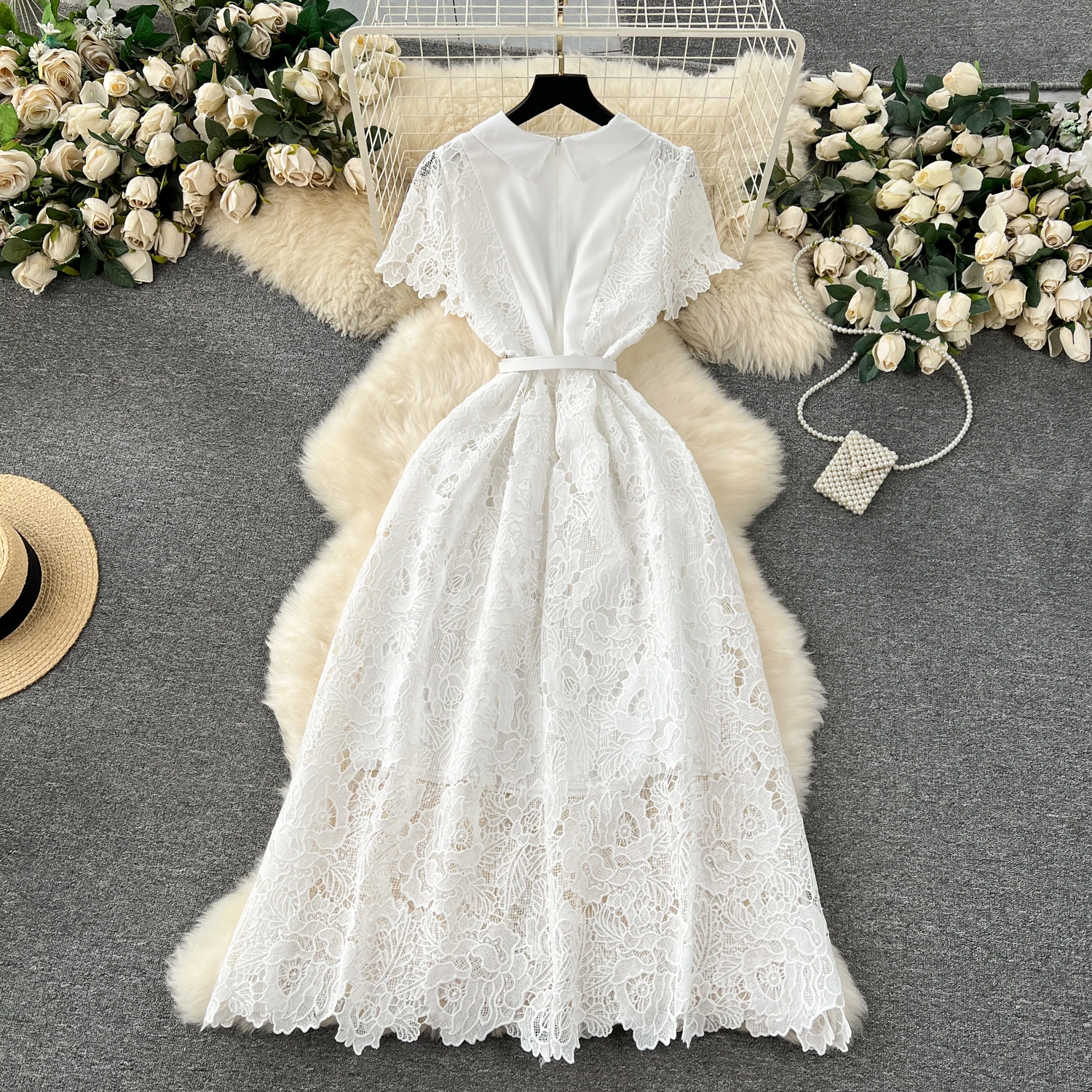 Summer Long Floral Lace Dress for Women Lapel White Waist Ruched Female Wending Evening Vestidos Chic Button Hook Flowers New In