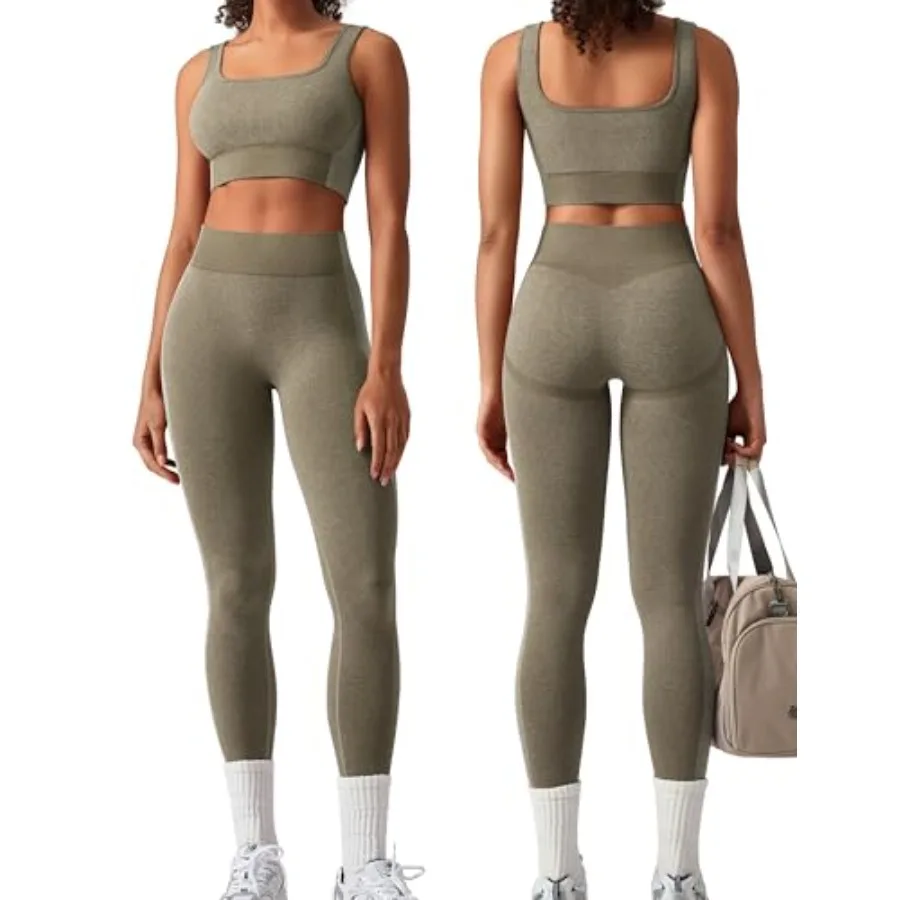 

OLCHEE Womens Workout Sets 2 Pcs Seamless Square Neck Sports Bra Padded Butt Lifting Leggings High Waist Yoga Gym Outfits