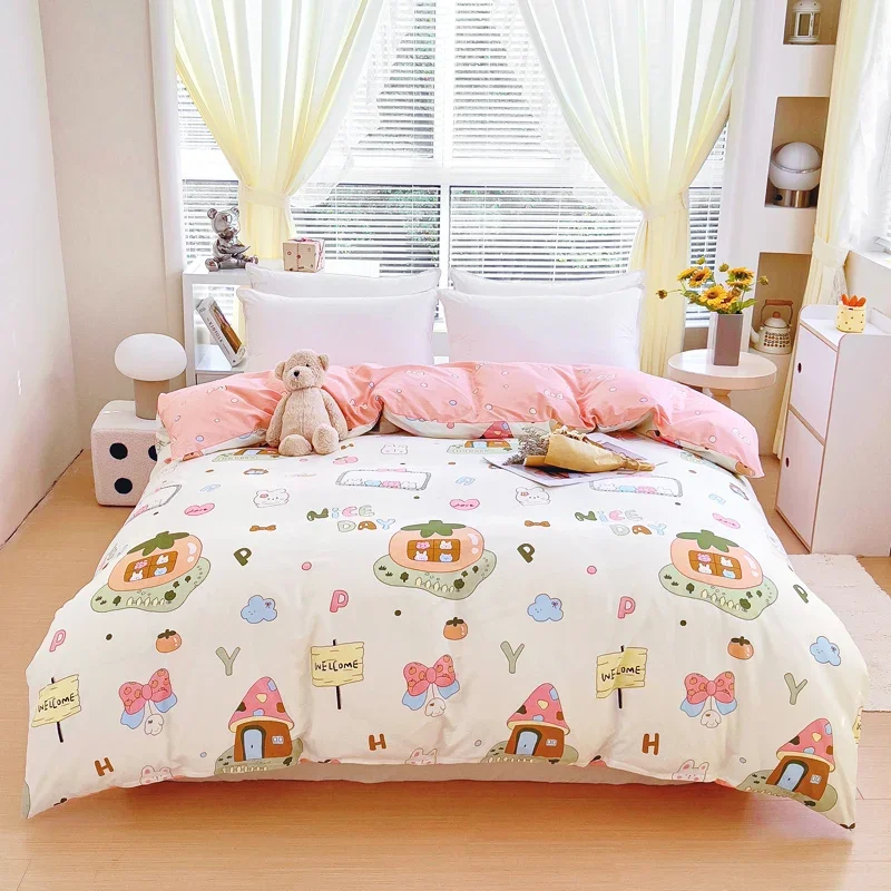 1Pc Cartoon Mushroom Bow Pattern Duvet Cover 100% Cotton Quilt Cover for Teens Boys Girls Skin Friendly Breathable Bedding