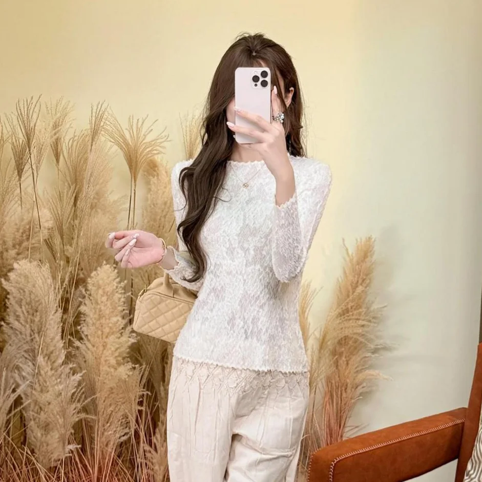 

Miyake Fold 2025, осенняя новая рубашка с круглым вырезом и длинными рукавами, топ, женская облегающая темпераментная универсальная верхняя одежда, футболка