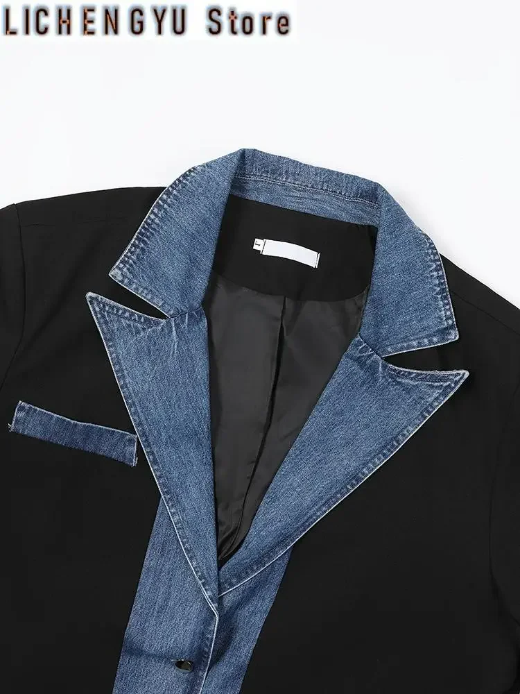 Women Dark Blue Deinm Spliced Big Size Blazer New Lapel Long Sleeve Loose Fit Jacket Fashion Spring Autumn