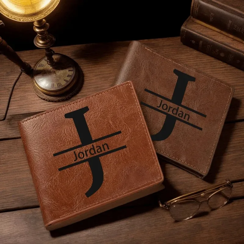 Cartera plegable con nombre personalizado de cuero PU para hombre con iniciales, regalo para marido, novio, papá, hijo, cumpleaños, día del padre