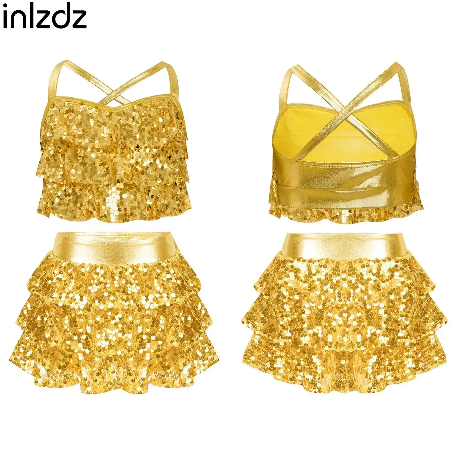 

Child Girls Gymnastics Jazz Latin Dance Outfits Sparkly Sequins Crop Top with Skirted Shorts Figure Skating Ballet Dance Clothes