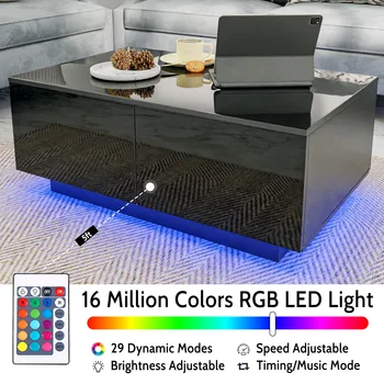 Image 37" Coffee Table With  16 Colors RGB LED Lights Built-in Power Remote 4 Drawers Lift Top Modern Living Room Cocktail Tea Table