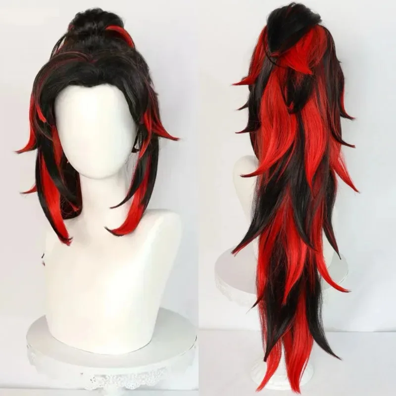 Wig Cosplay CyDemon Slayer Tsugikuni Yoriichi Wig Keriting Panjang Sintetis Hitam Merah Ombre Wig Anime Coser Wig Berkualitas Tinggi Pesta Harian