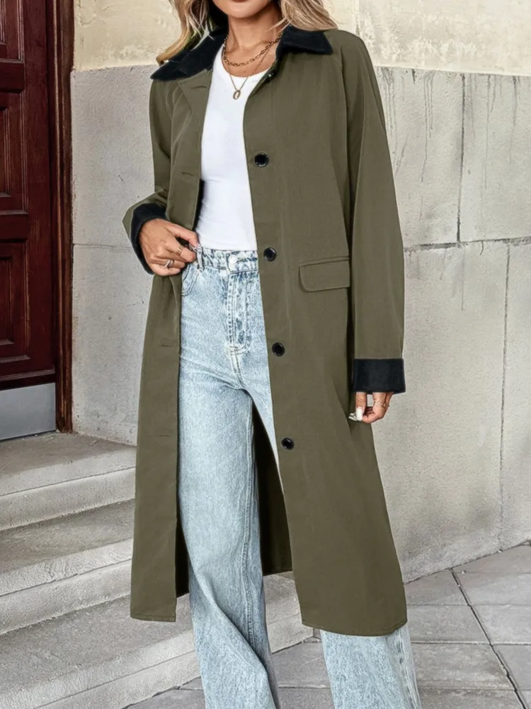 2025 Fall Clothes Lapel Color Block Windbreaker Jacket Women's New Casual Commuting Single Breasted Temperament All-match Trendy