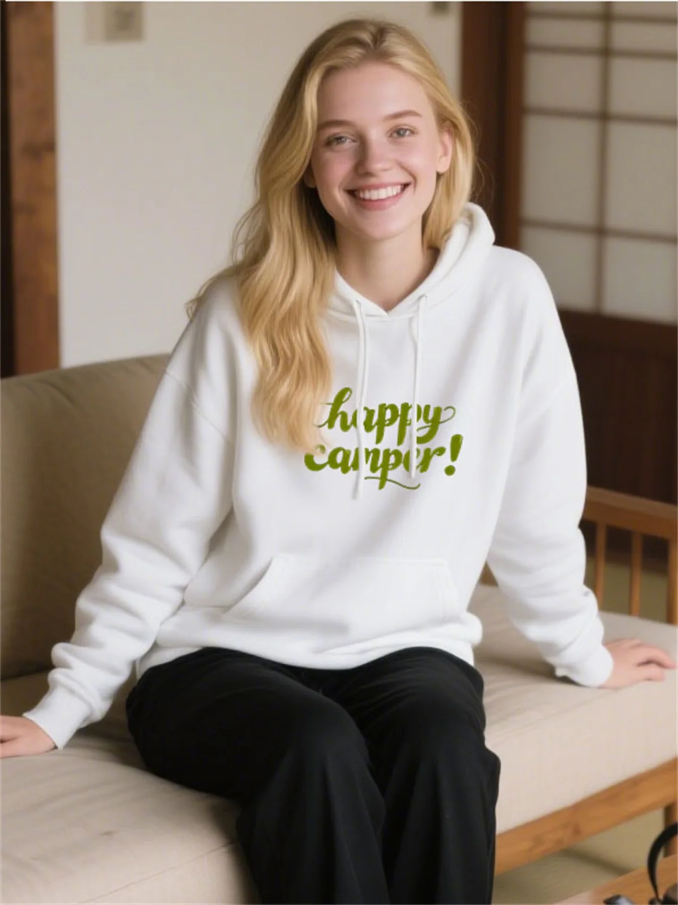 Women's Soft Cotton Hooded Pullover Featuring Happy Camper Slogan Design, Daily Comfort Wear For Outdoor,Ideal Easter Gift.