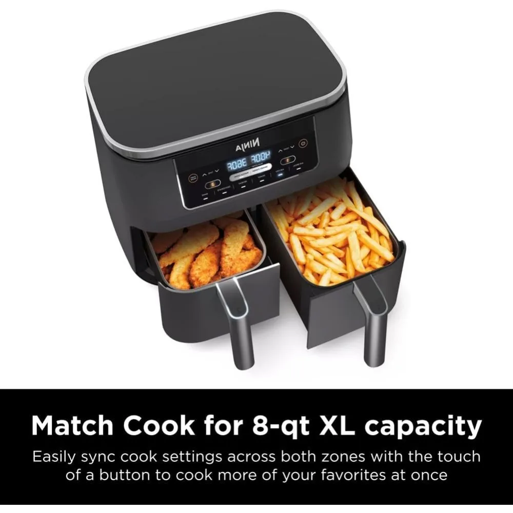 Air Fryer，8 Quart 6-in-1 2 Independent Frying Baskets, Match Cook & Smart Finish to Roast, Dehydrate & More for Quick, Grey