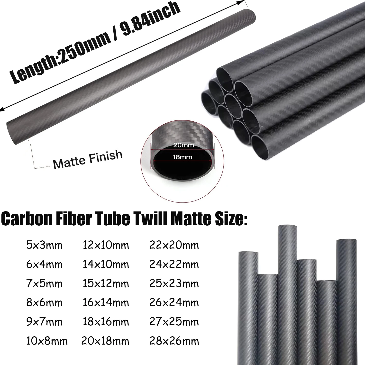 1PCS 3k Full Carbon Fiber Tube Twill  Hard Pipe Length 250/500mm Outer Diameter 5mm to 28mm for Airplane Drone Parts DIY Usage