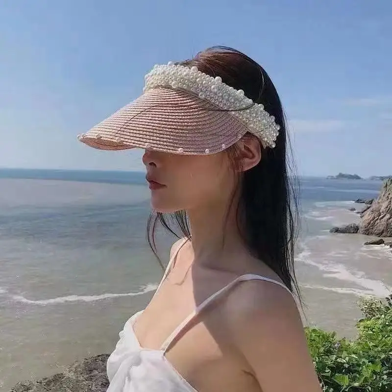 Topless Handmade Pearl Small Fragrance Wind Shade Grass Hat Hairpin Hat Summer Sunscreen Sunshade Empty Top Hat