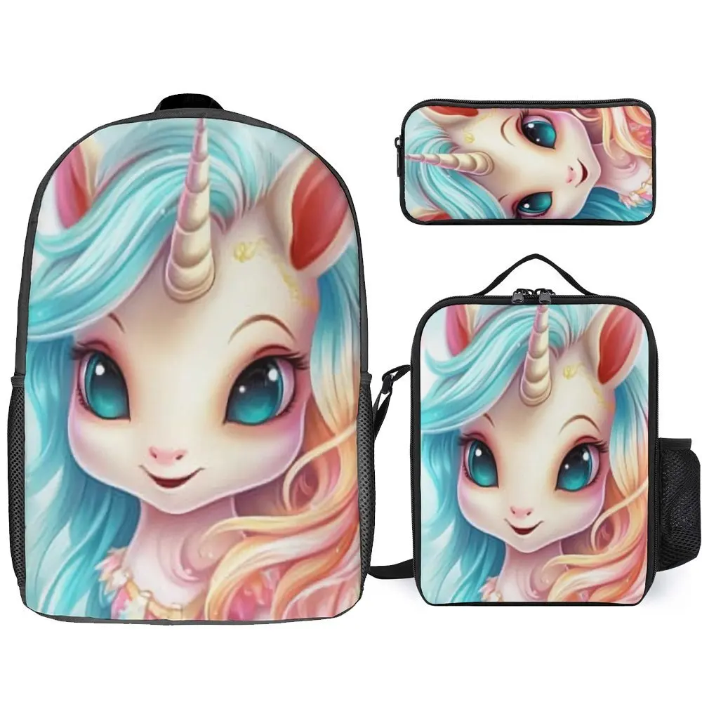 

3 in 1 Set 17 Inch Backpack Lunch Bag Pen Bag Divertidos De Unicornio Unicornio Camiseta Unicornio Lasting Infantry Pack Comfort