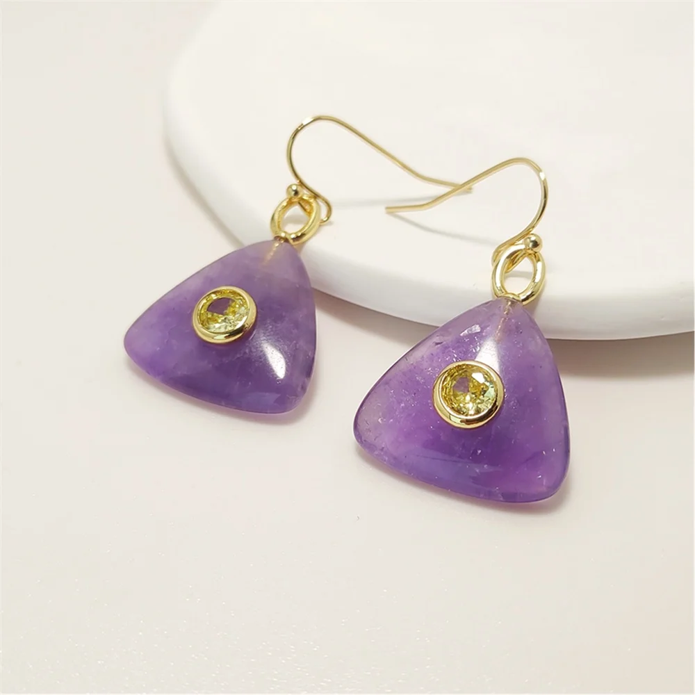 FUWO 1 Pair Golden Triangle Earrings, Natural Semi-precious Crystal, Healing Stone Gift for Women ER152G