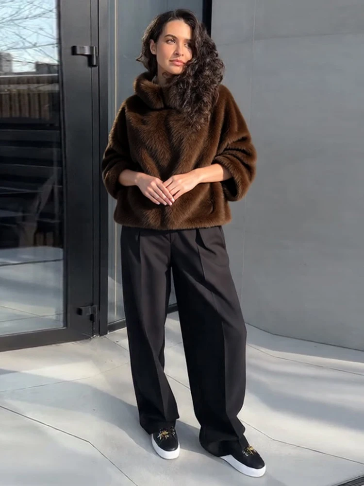 Vintage Faux Fur Thicken Coats Women Chic Full Sleeve V-neck Lace Up Open Stitch Female Outwear 2026 Autumn Winter Lady Outwear