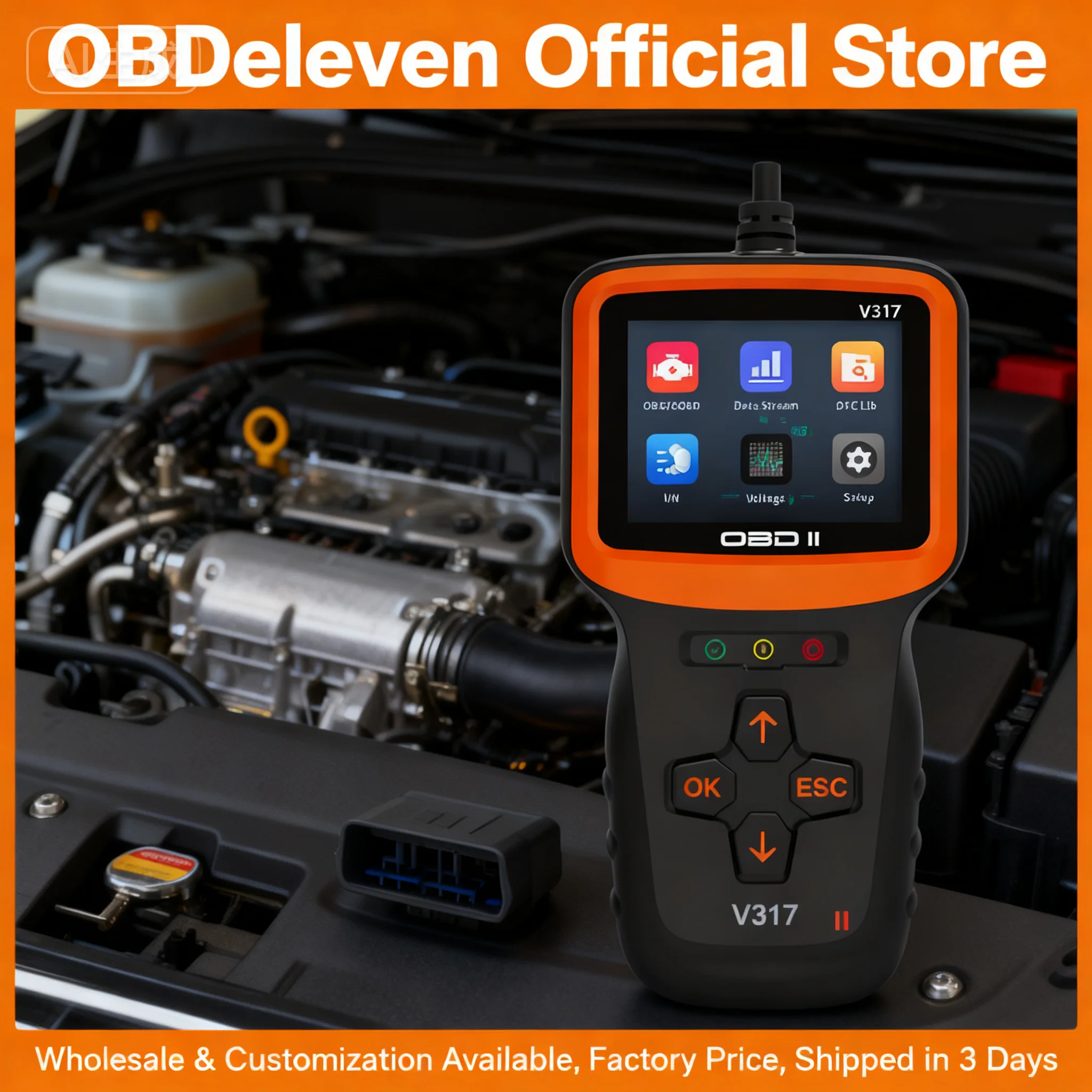 

V317 OBD2/EOBD Diagnostic Scanner - 9 Protocols Read/Clear Fault Codes, Real-time Sensor Test & I/M Readiness for 1996+ US/EU/As