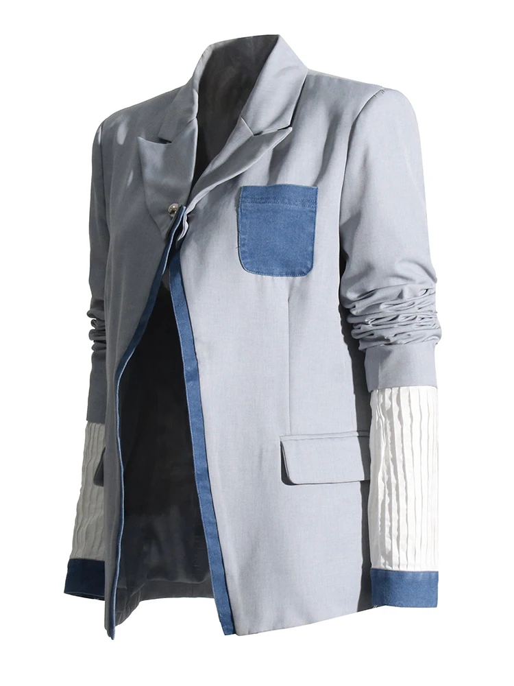 VGH Patchwork Denim Casual Blazers For Women Notched Collar Long Sleeve Spliced Button Hit Color Chic Blazer Female Fashion New