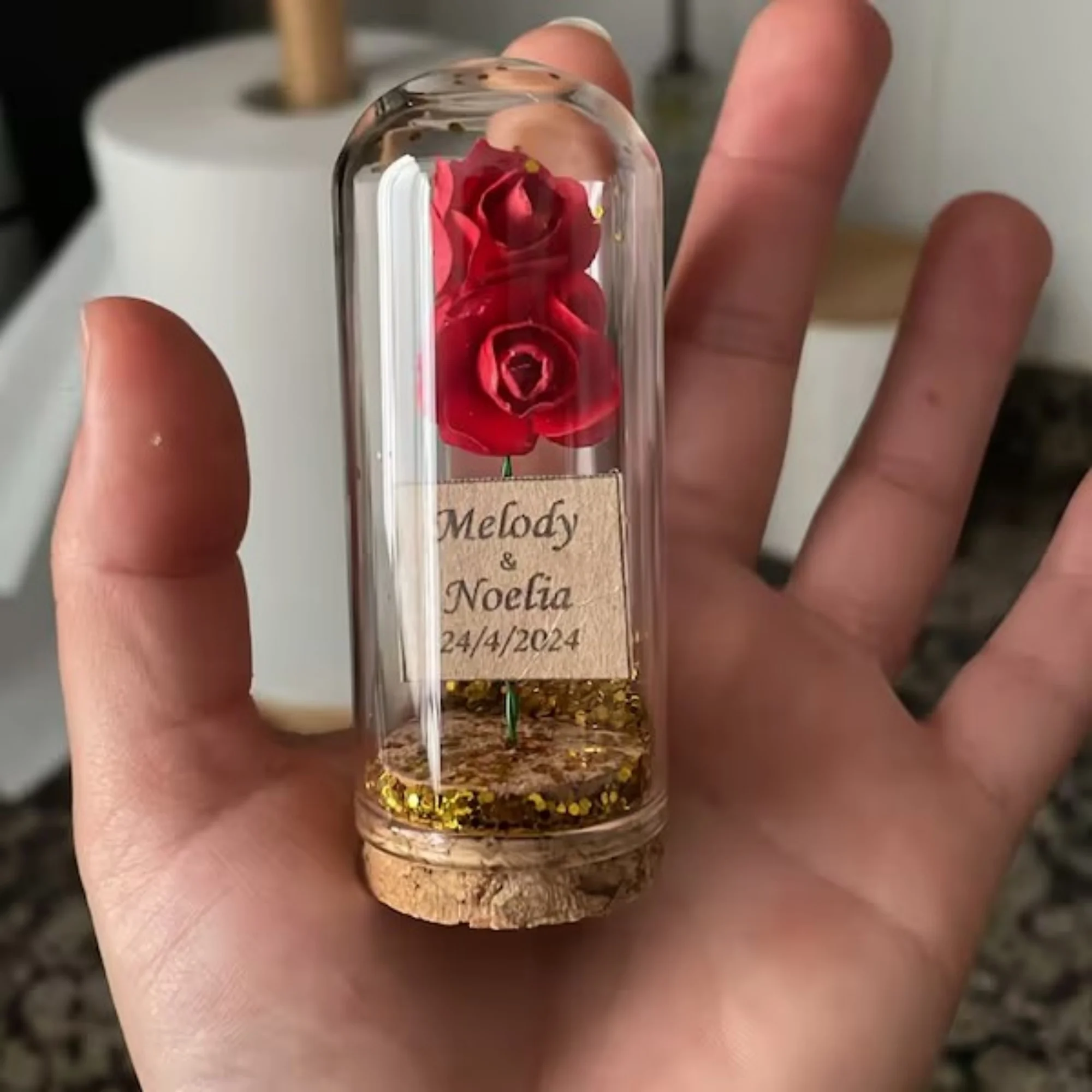 Wonderful customizable rose in glass gold glitter wedding guest gifts,Wholesale baby birthday baptism party favors,Guest thank y image 5