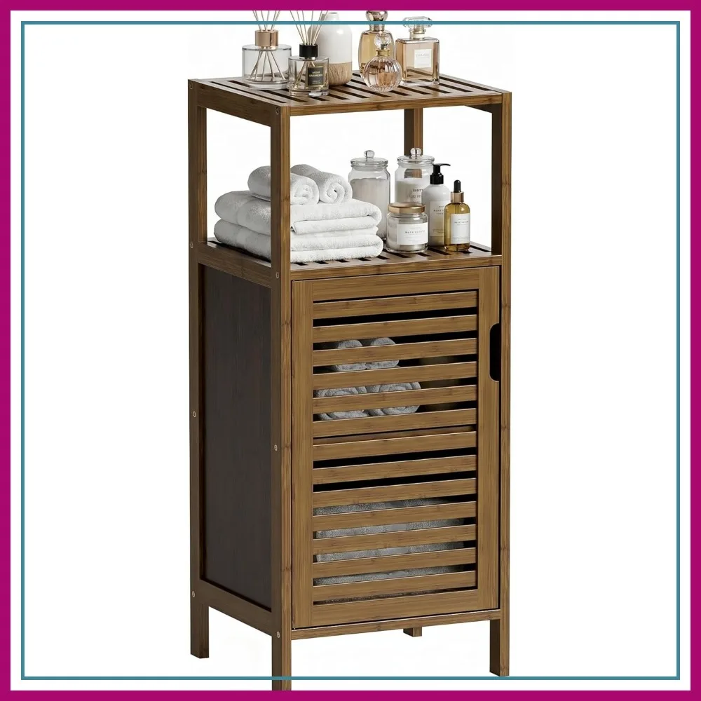 

Bamboo Bathroom Cabinet, 4 Tier Freestanding Floor Storage Cupboard for Living Room Kitchen Entryway, Walnut
