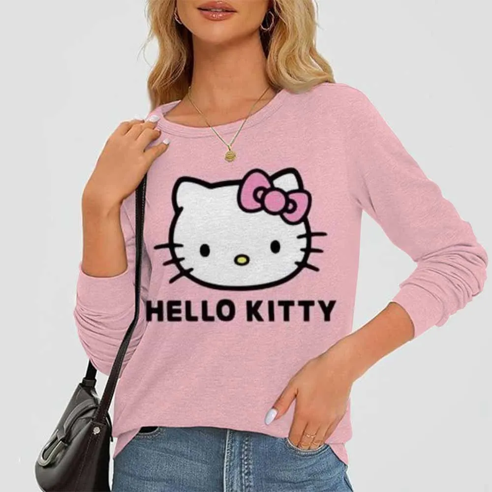 Hello Kitty print Women's Summer Spring Long Sleeve T-Shirt Top Cartoon 2024 New Kuromi Printed Round Neck Sweatshirt Girls Gift