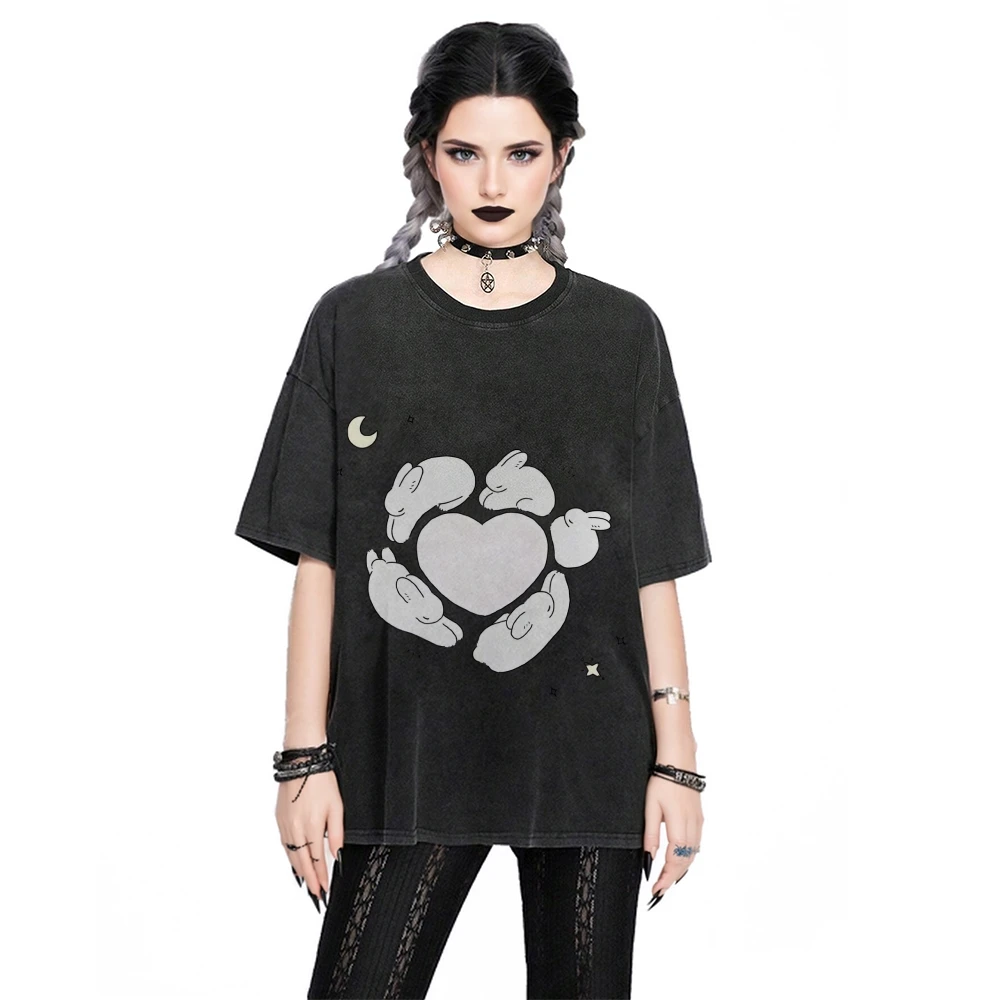 Y2K グラフィックTシャツ バニーハートTシャツ 綿100% 高品質 オーバーサイズ ウォッシュドTシャツ ウサギ ムーン プリント キュート Y2K バイブ ゴシック