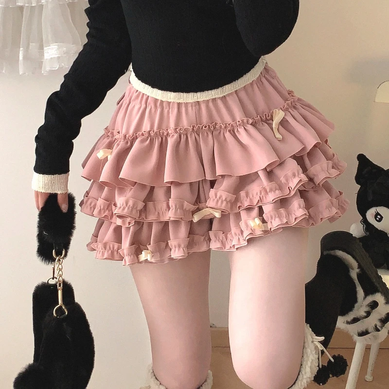 Dusty Pink Ruffle Bloomers with Bows Cake Mini Skirt with Built-in Shorts Cute Skort Women Kawaii Soft Girl Coquette Y2K