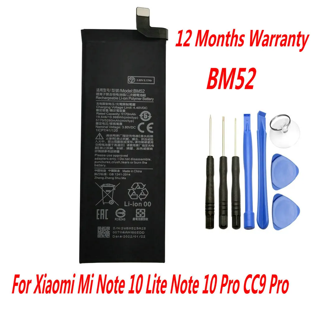 

High Quality BM52 5260mAh For Xiaomi Mi Note 10 Lite / Mi Note 10 Pro / CC9pro CC9 Pro Genuine Phone Bateria Batteries +Tools