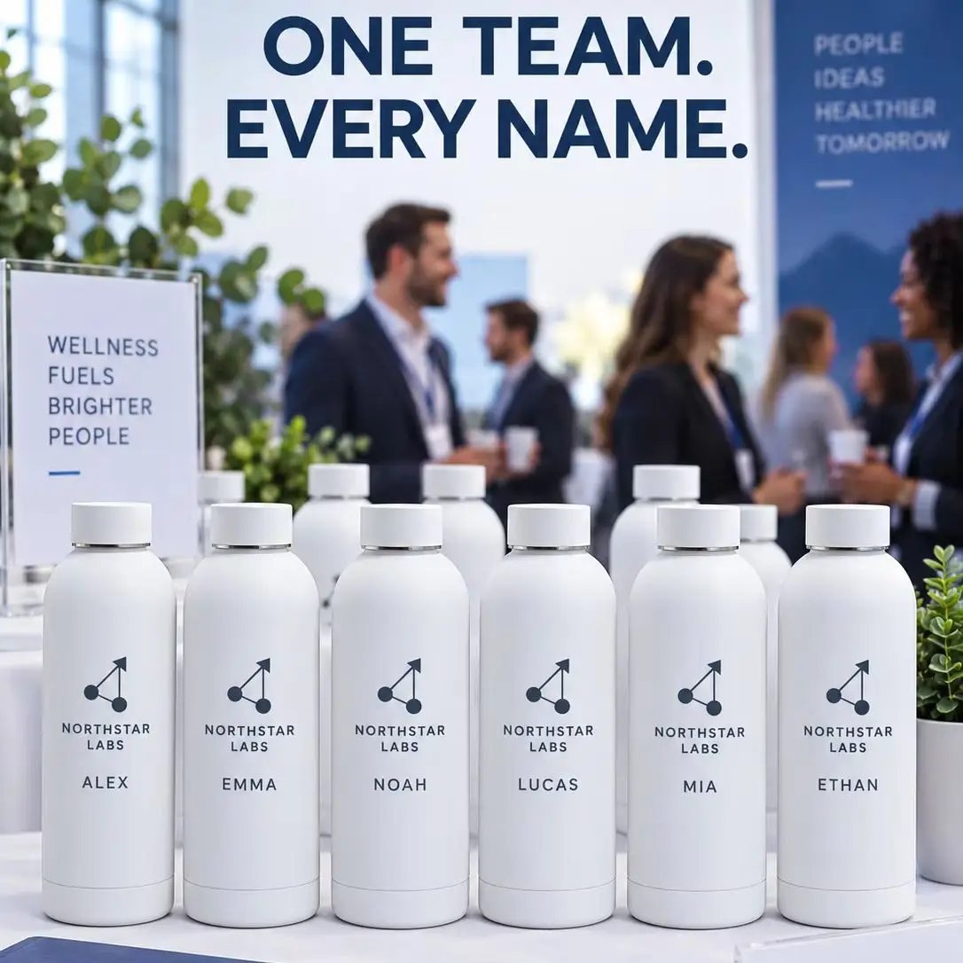 Custom Logo Water Bottle Personalized Name Stainless Steel Insulated Flask Corporate Employee Team Event Gift