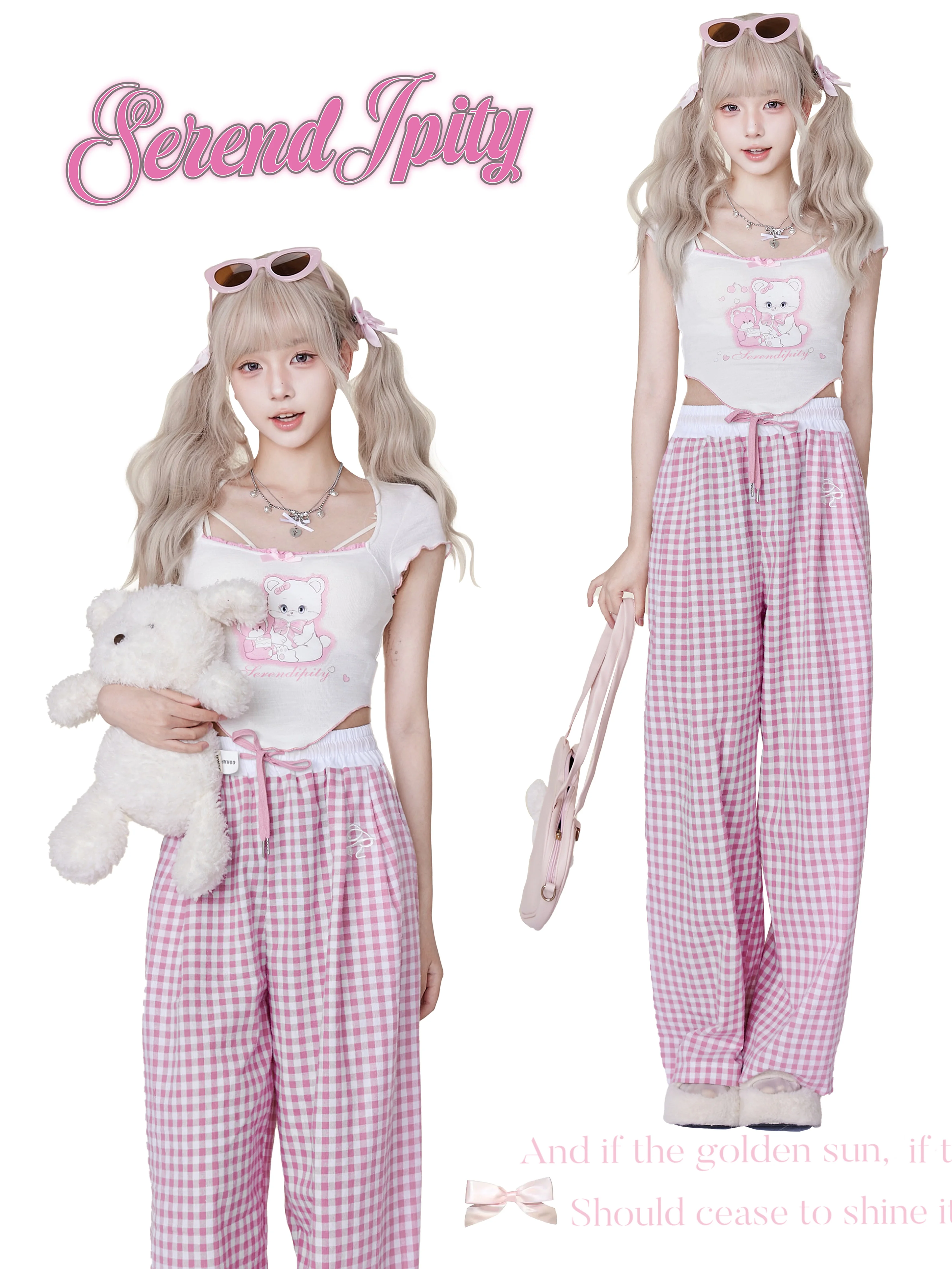 Dophee Spice Girls Y2k Sweet Two-piece Set Dopamine Y2k Strap T-shirt Camis Top + High Waist Pink Plaid Trousers Princess Suit