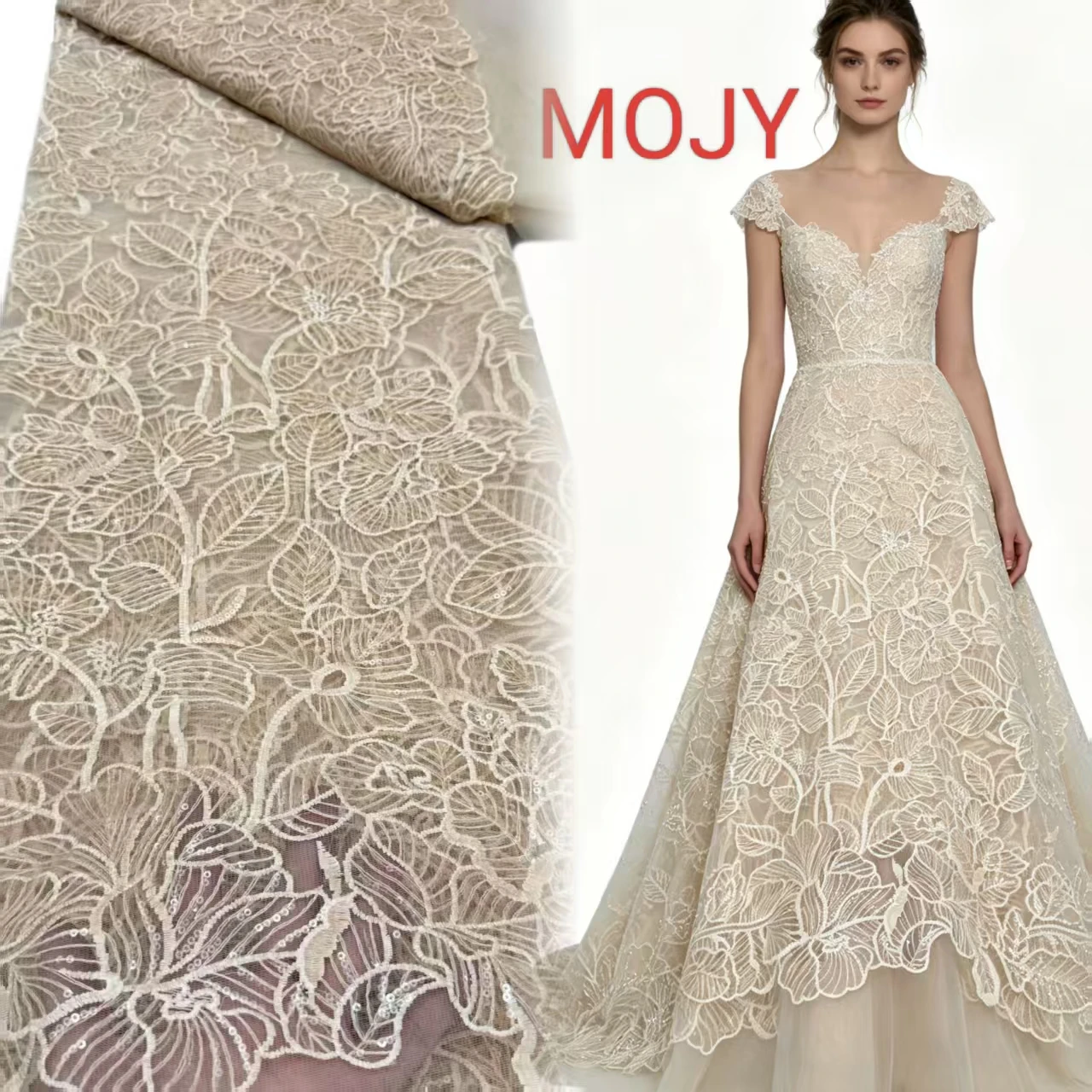 

Floral Lace Fabric With Sequins Embroidered Tulle Mesh Lace For Wedding Dress Evening