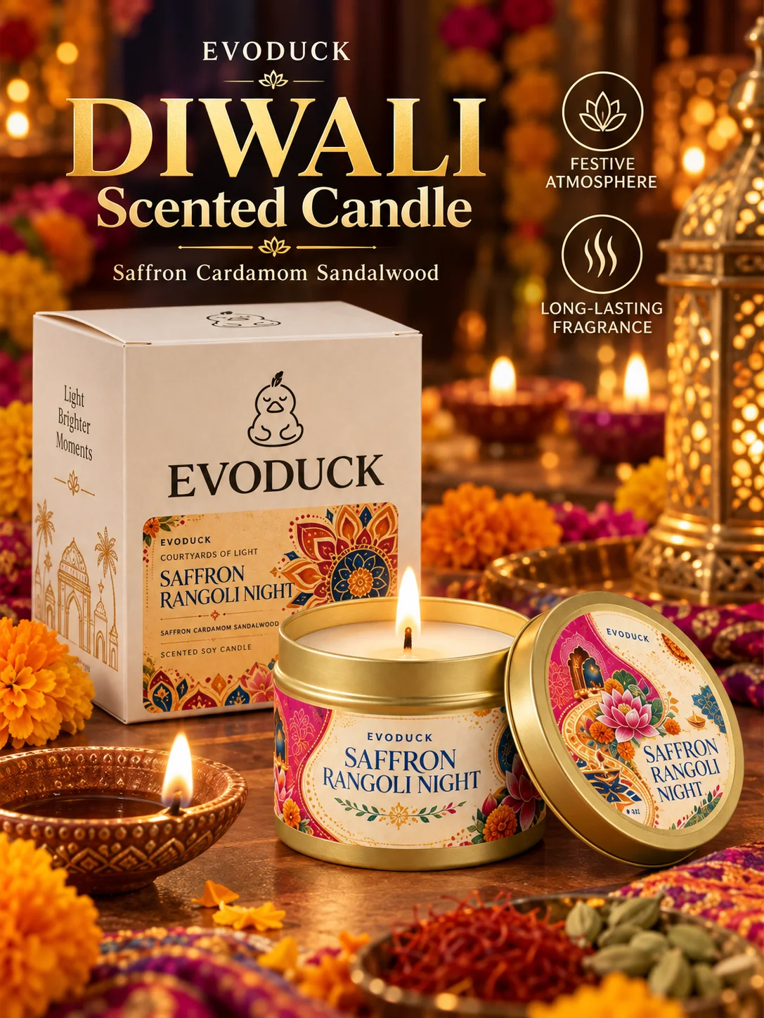 4pcs Diwali Candles Set Scented Tin Candles 3oz, Rose Saffron Marigold Vanilla Amber Deepavali Festival of Lights Gift for Famil