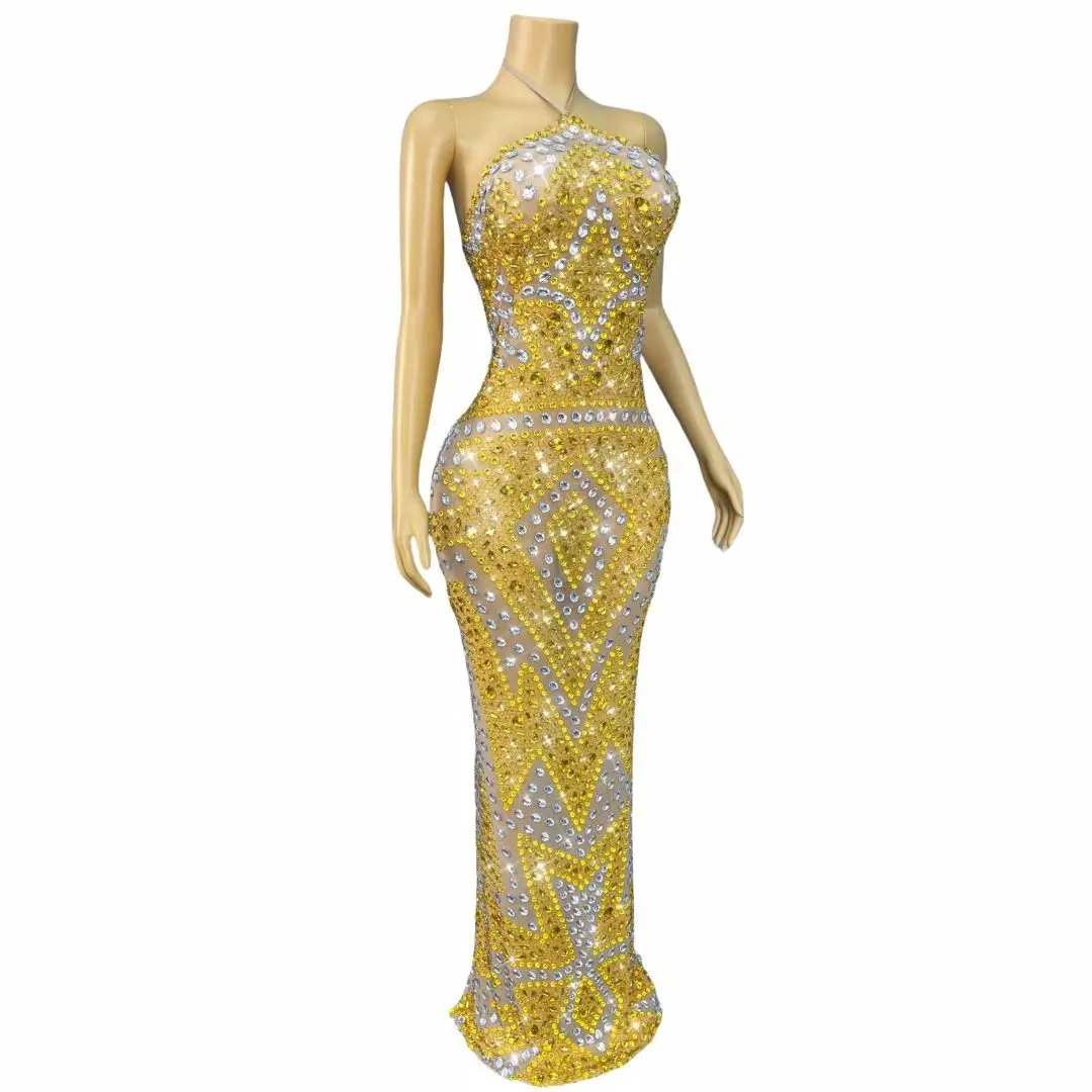 Jinjingying Luxury Dubai Evening Dress Gold Diamond Sexy Perspective Mesh Hanging Neck Dress Banquet Birthday Cocktail Dress