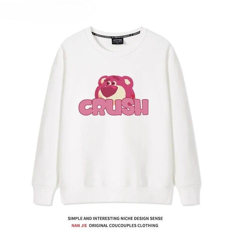 Otoño e Invierno de alta calidad con estampado de oso de fresa suéter de cuello redondo lindo para mujer 2025 nueva pareja suelta deportes Top ropa escolar